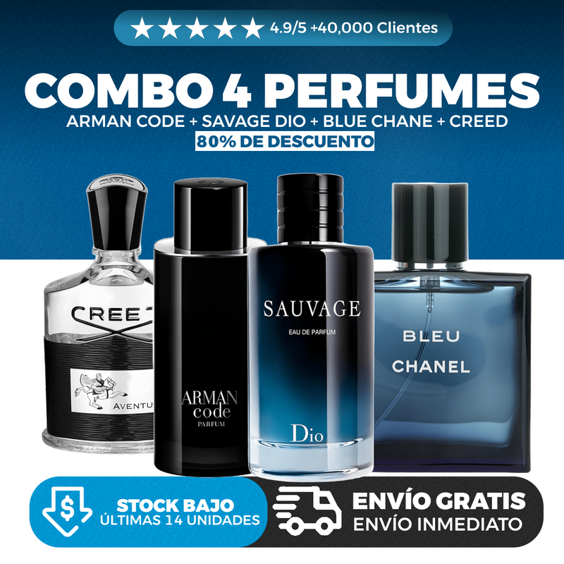 KIT 4 PERFUMES MASCULINOS: SAUVAGE DIOR, BLUE CHANEL, ARMANI CODE, CREED l PROMOCION CIERRE DE LA TIENDA - ENVÍO GRATIS (Promoción VALIDA SOLO HOY)